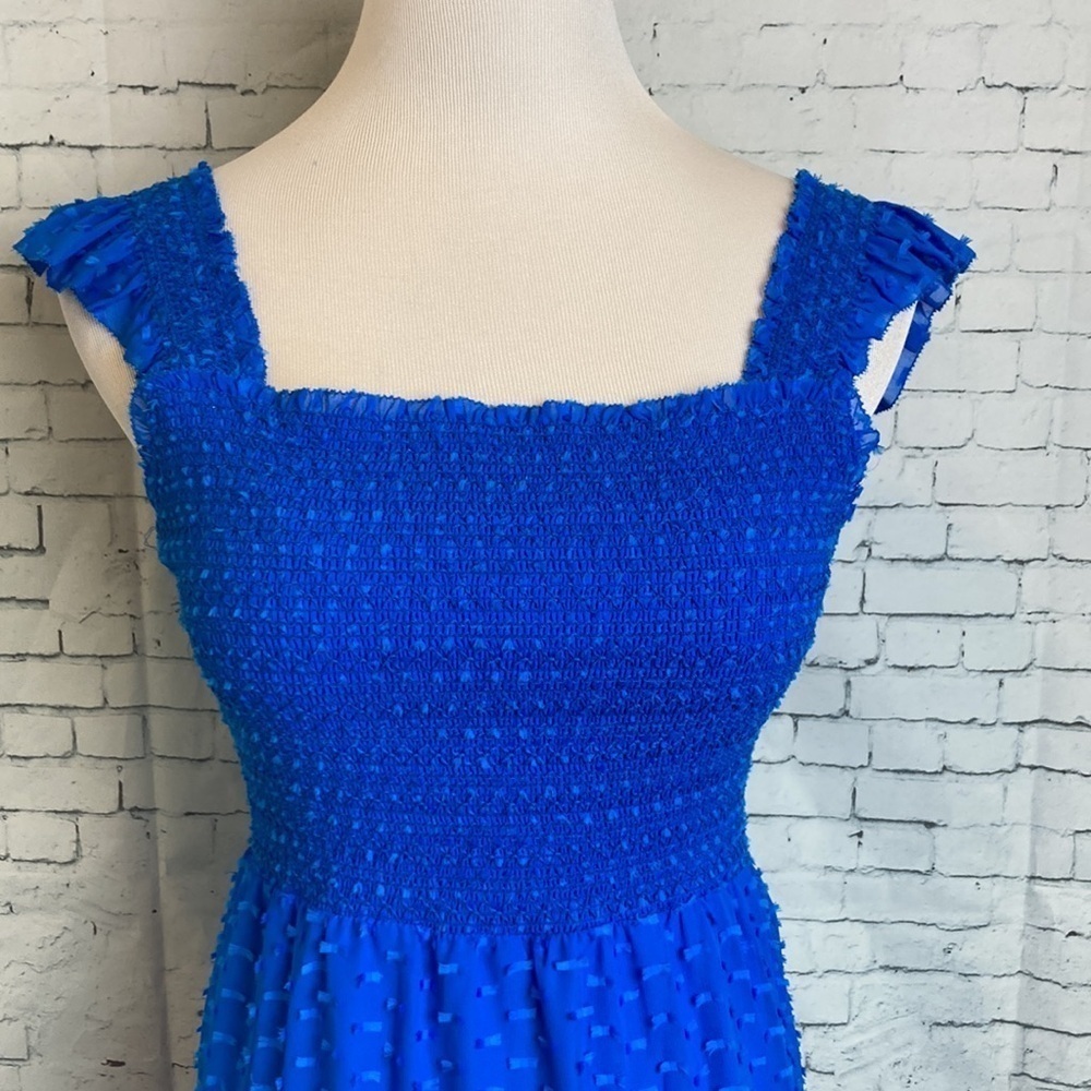 Alice+Olivia KIZZIE SMOCKED FLUTTER SLEEVE TIERED MAXI DRESS SZ 2 Blue Feminine - Picture 7 of 16